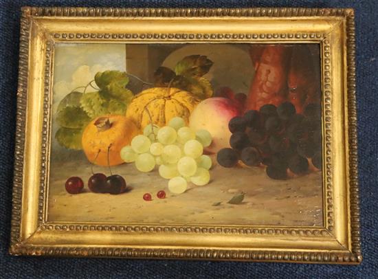 Attributed to Edward Ladell (1821-1886) Still life of grapes, a pomegranite, a peach and a gourd 6.75 x 9.5in.